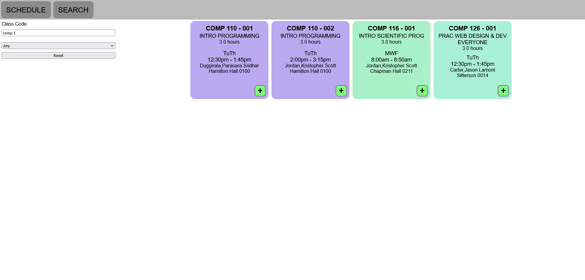 Screenshot of sample schedule in Course Manager